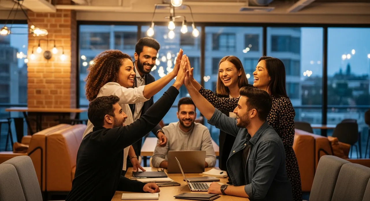 Entrepreneurs celebrating in coworking lounge